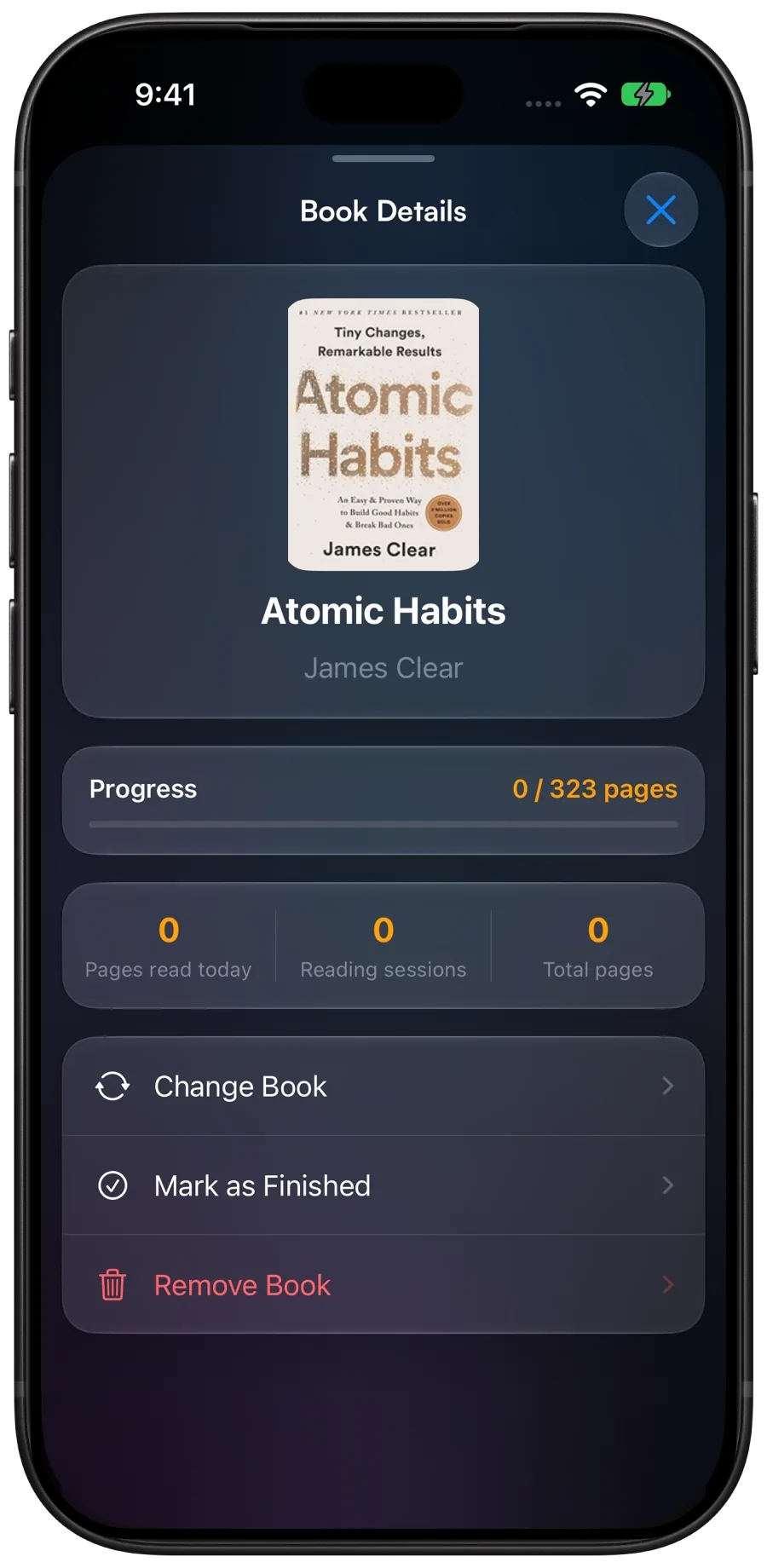 Atomic Habits book details with reading progress and book actions.