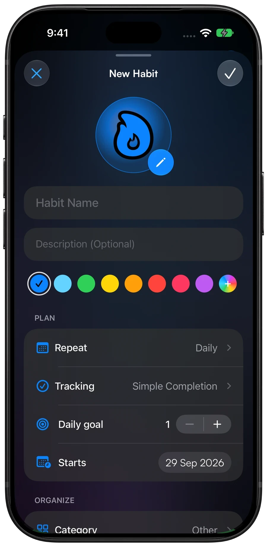 New Habit, with a colour, a daily repeat, the tracking type and a daily goal.