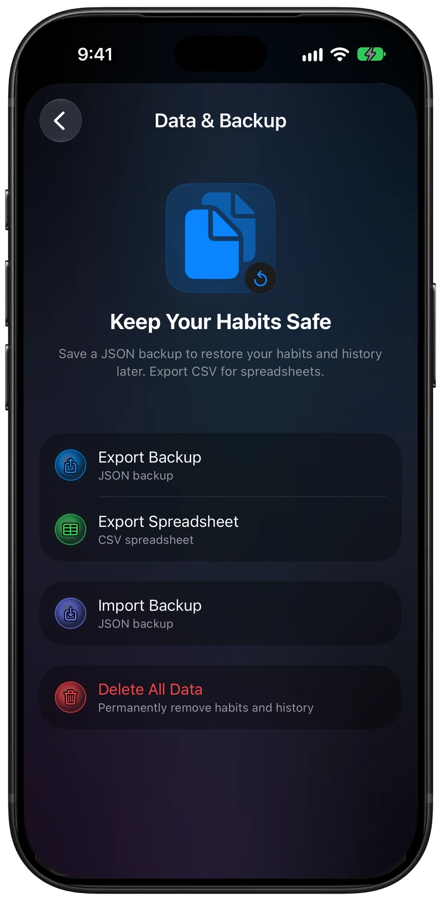 Data & Backup settings with Export Backup, Export Spreadsheet, Import Backup and Delete All Data options.
