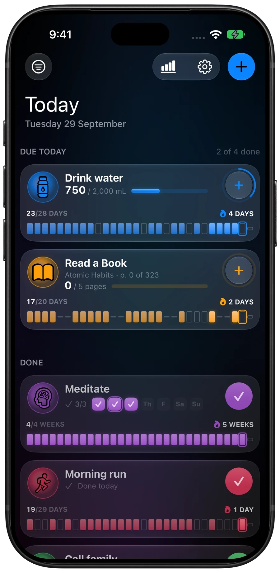 HabitGlass Home under Today, with Drink water and Read a Book due, Meditate and Morning run done, and each card showing its month as daily bars with a streak.