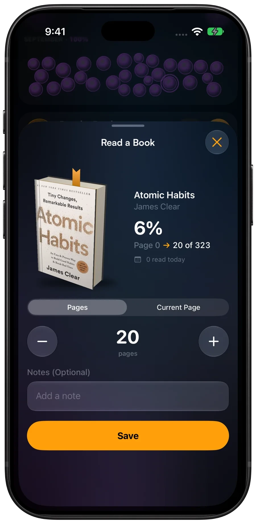 Read a Book with a 3D copy of Atomic Habits, page controls, and an optional note.
