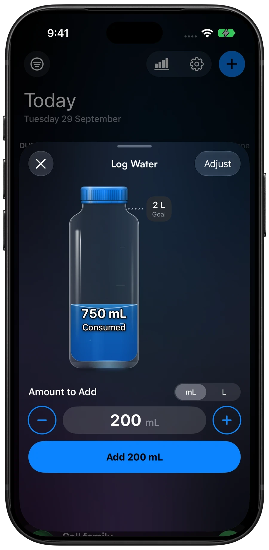 Log Water, with 750 mL of a 2 L goal in the bottle and an Add 200 mL button.