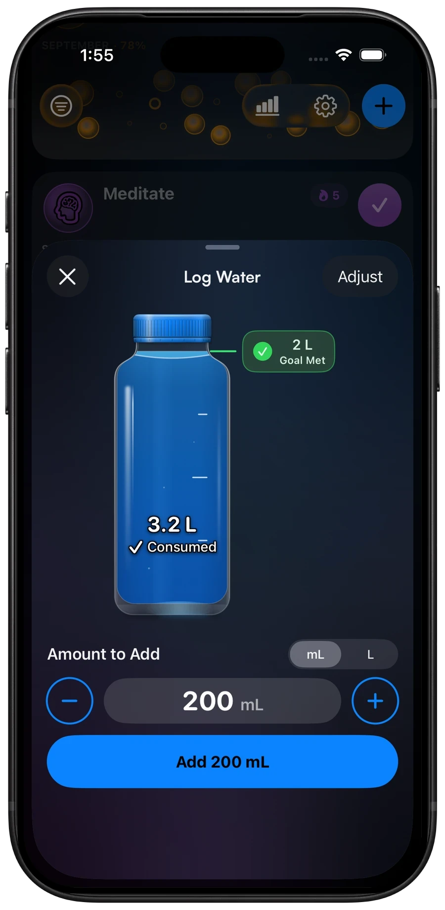 Log Water with a full bottle, a check beside Consumed, and a green Goal Met badge.