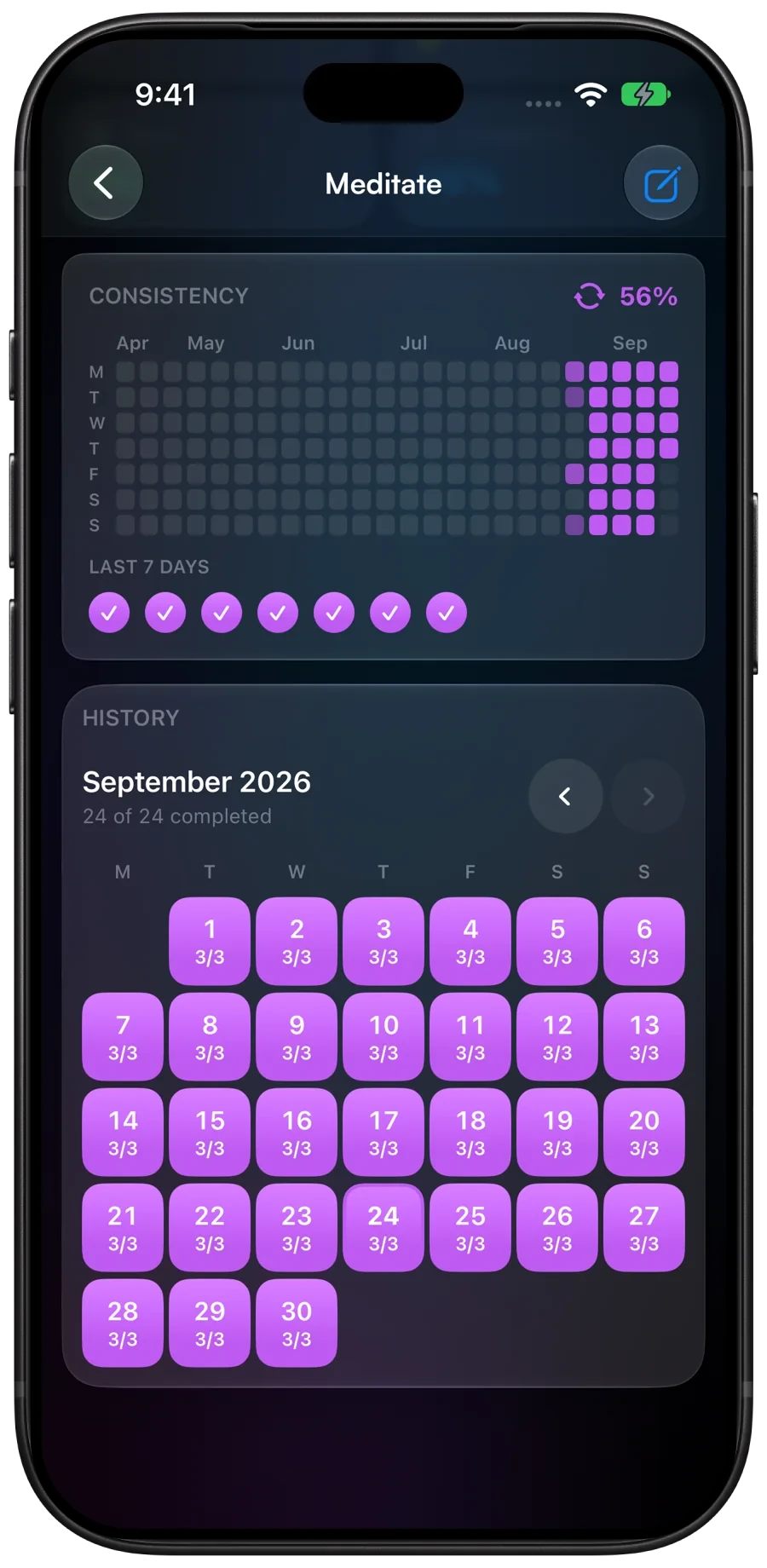 HabitGlass month calendar showing habit history and daily checkmarks.