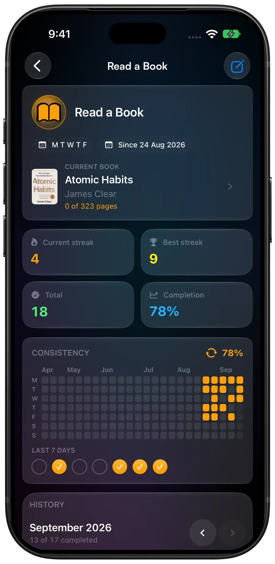 Read a Book details with Atomic Habits, streaks, and the consistency calendar.