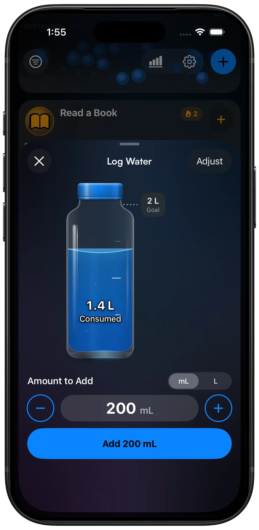 Log Water with the bottle at 1.4 of 2 litres, the goal beside it, and an Add 200 mL button.