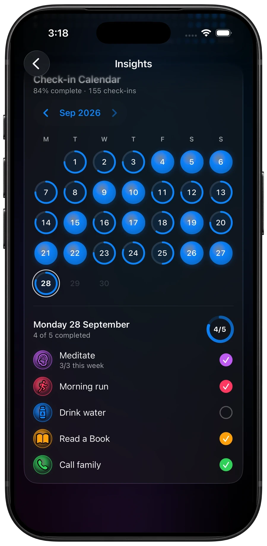 The Insights check-in calendar for September, with glowing perfect days, part-filled rings, and Monday's habits listed below.